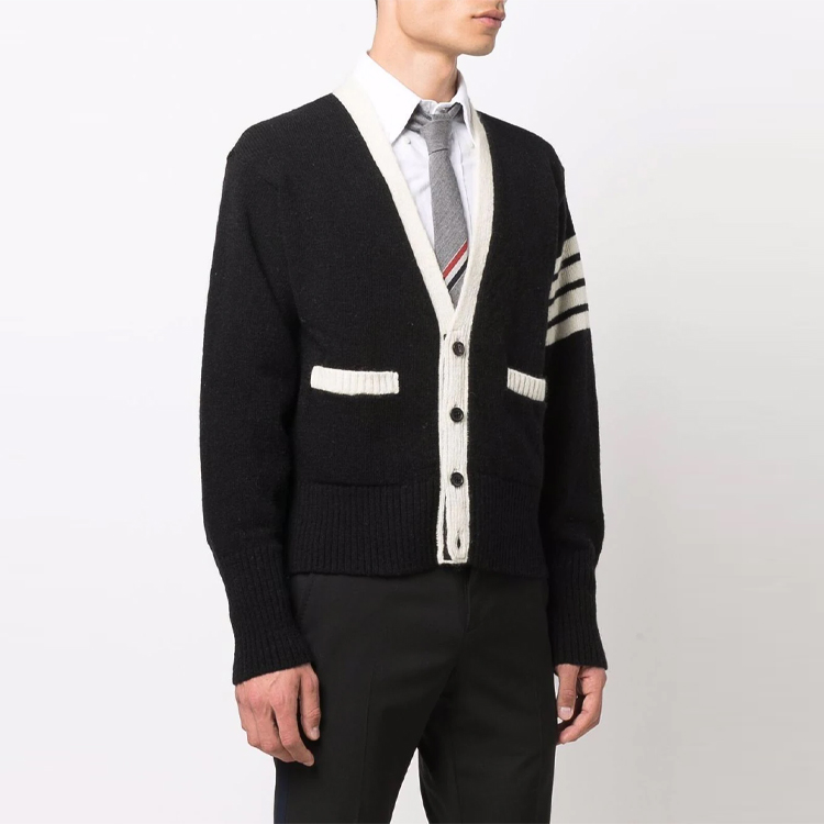 Details for Thom Browne Black Classic 4-Bar V-Neck Cardigan Sweater. MKC367B-Y1502-001