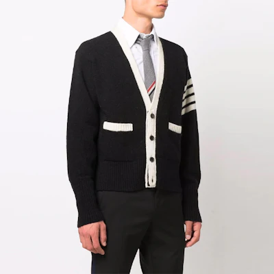 Thom Browne Black Classic 4-Bar V-Neck Cardigan Sweater. MKC367B-Y1502-001 Details for Thom Browne Black Classic 4-Bar V-Neck Cardigan Sweater. MKC367B-Y1502-001