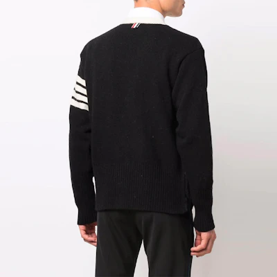 Thom Browne Black Classic 4-Bar V-Neck Cardigan Sweater. MKC367B-Y1502-001 Sizing Thom Browne Black Classic 4-Bar V-Neck Cardigan Sweater. MKC367B-Y1502-001