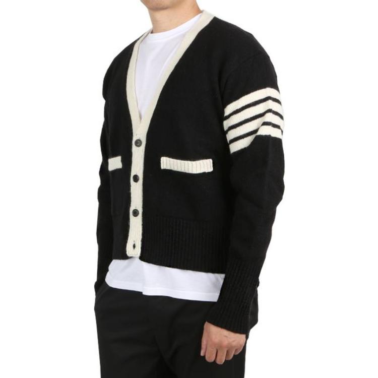 Cheap Thom Browne Black Classic 4-Bar V-Neck Cardigan Sweater. MKC367B-Y1502-001