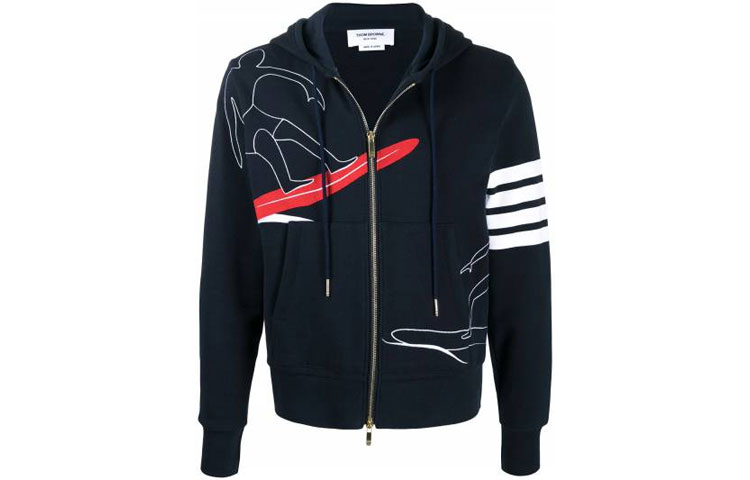 THOM BROWNE Blue Surf Embroidered 4-Bar Zip Hoodie Jacket MJT264E-00535-415