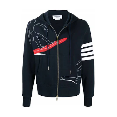 THOM BROWNE Blue Surf Embroidered 4-Bar Zip Hoodie Jacket MJT264E-00535-415