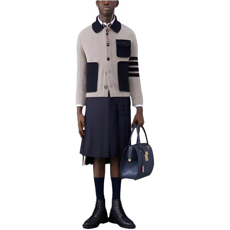 Thom Browne Boiled Wool 4-Bar Cardigan Stitch Workman's Jacket Beige MKJ108A-Y1019-215