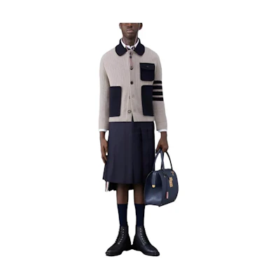 Thom Browne Boiled Wool 4-Bar Cardigan Stitch Workman's Jacket Beige MKJ108A-Y1019-215