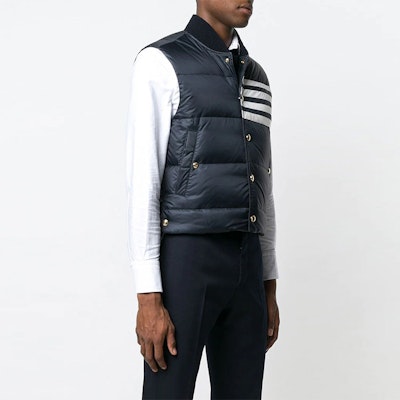 THOM BROWNE Classic 4-Bar Matte Down Vest Blue MVD017X-05411-415 Purchase THOM BROWNE Classic 4-Bar Matte Down Vest Blue MVD017X-05411-415