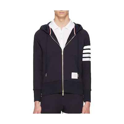 Thom Browne Classic 4-Stripes Navy Blue Zip-Up Hoodie Jacket for Men MJT002H-00535-461