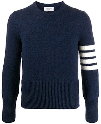 THOM BROWNE Classic Four-Stripe Wool Crewneck Sweater Blue MKA317A-01085-415 Order THOM BROWNE Classic Four-Stripe Wool Crewneck Sweater Blue MKA317A-01085-415