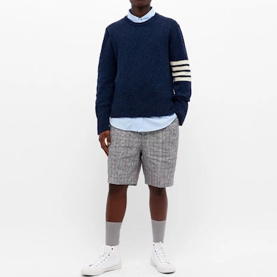 THOM BROWNE Classic Four-Stripe Wool Crewneck Sweater Blue MKA317A-01085-415 Shop THOM BROWNE Classic Four-Stripe Wool Crewneck Sweater Blue MKA317A-01085-415