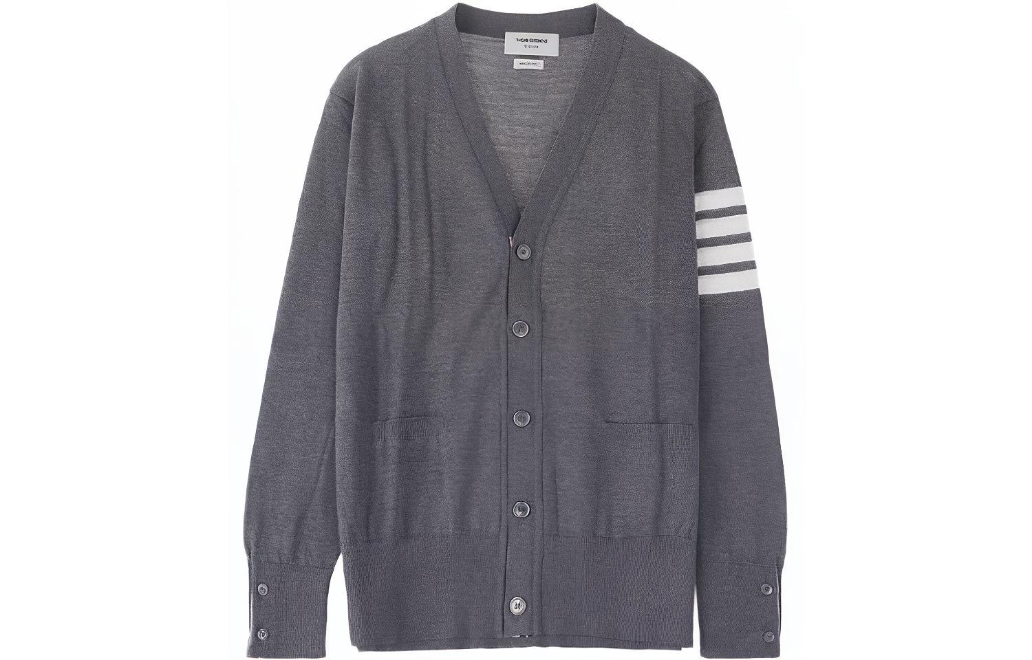 Thom Browne Classic Merino Wool Cardigan, Grey, 4-Bar Stripe V-neck Sweater MKC002A-00014-038