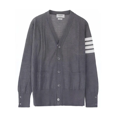 Thom Browne Classic Merino Wool Cardigan, Grey, 4-Bar Stripe V-neck Sweater MKC002A-00014-038