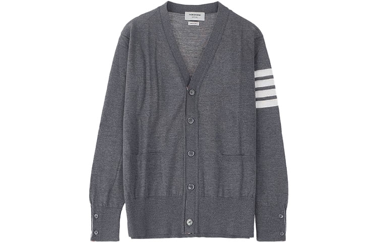 Order Thom Browne Cardigan Wol Merino Abu-abu 4-Bar Stripe V-Neck Sweater Classic MKC002A-00014-038