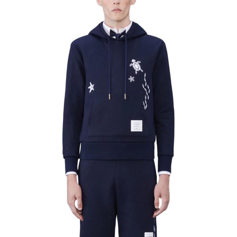 Thom Browne Classic Sailing Hoodie Navy Blue Animal Print Pullover MJT431E-03377-415