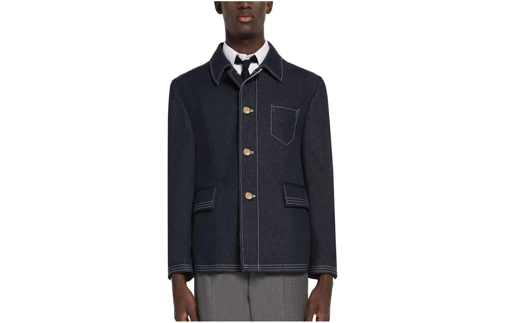 Thom Browne Cotton Button-Up Denim Blazer Jacket Black Navy MJU555A-F0164-415