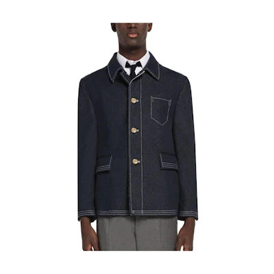 Thom Browne Cotton Button-Up Denim Blazer Jacket Black Navy MJU555A-F0164-415