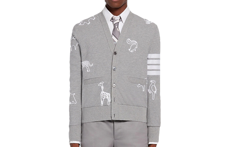 Thom Browne Embroidered V-Neck Striped Cardigan Light Grey Sweater MJT257E-00050-055