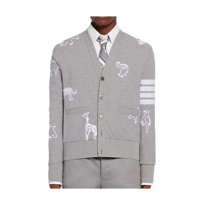 Thom Browne Embroidered V-Neck Striped Cardigan Light Grey Sweater MJT257E-00050-055