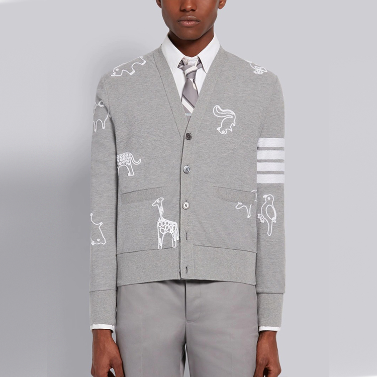 Thom Browne Embroidered V-Neck Striped Cardigan Light Grey Sweater MJT257E-00050-055 圖 4