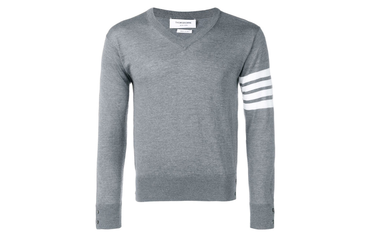 Thom Browne Four-Bar Stripe V-Neck Knit Sweater Gray MKA230A-00014-035