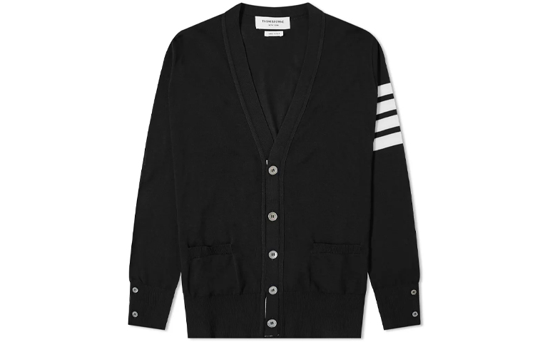 Thom Browne FW21 Black 4-Bar Striped Knit Wool Cardigan Sweater. MKC002A-Y1014-001