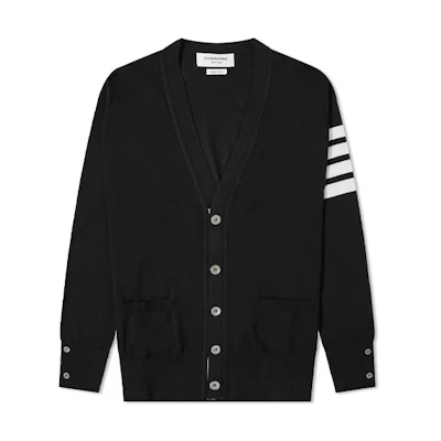 Thom Browne FW21 Black 4-Bar Striped Knit Wool Cardigan Sweater. MKC002A-Y1014-001