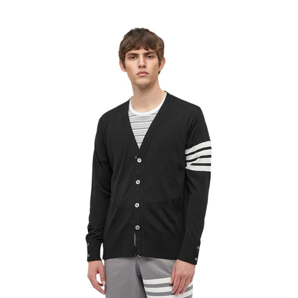 Shop 톰브라운 FW21 블랙 4-바 스트라이프 울 가디건 스웨터. MKC002A-Y1014-001