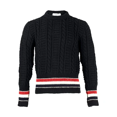 Thom Browne FW21 Black Cable Knit Stripe Wool Pullover Sweater MKA369A-Y1502-001