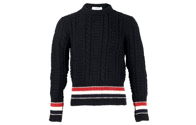 Order Thom Browne FW21 Baju Sejuk Wool Hitam Kabel Knit Stripe MKA369A-Y1502-001