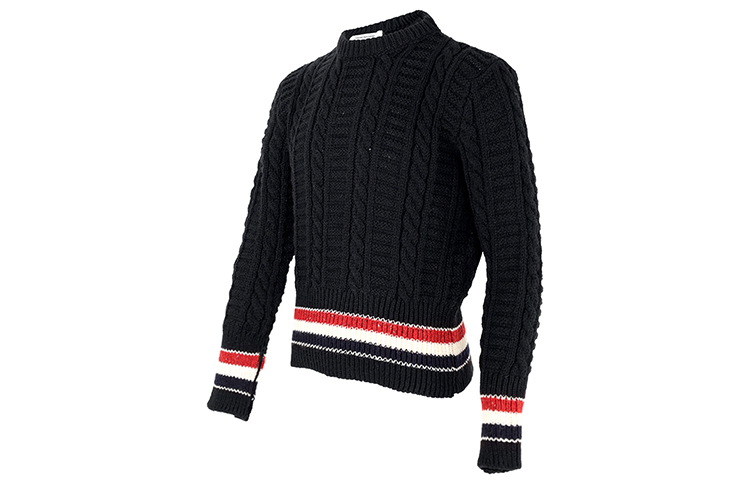 Shop Thom Browne FW21 Baju Sejuk Wool Hitam Kabel Knit Stripe MKA369A-Y1502-001