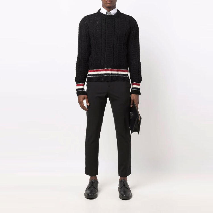 Details for Thom Browne FW21 Baju Sejuk Wool Hitam Kabel Knit Stripe MKA369A-Y1502-001
