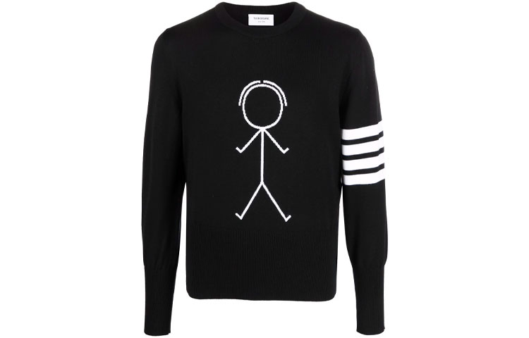 Order THOM BROWNE FW21 Sweatshirt Hitam Knit dengan Four-Stripes & Stickman Klasik. MKA380A-Y1002-001