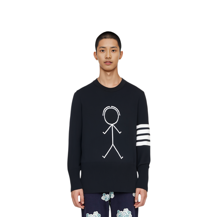 Details for THOM BROWNE FW21 Sweatshirt Hitam Knit dengan Four-Stripes & Stickman Klasik. MKA380A-Y1002-001