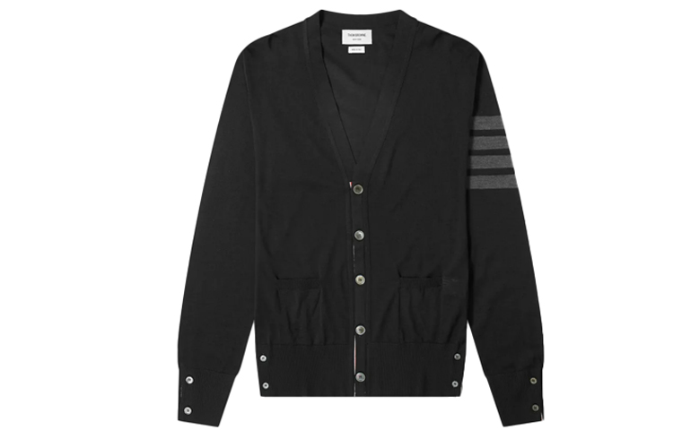 Thom Browne FW21 Black Merino Wool Cardigan with 4-Stripes MKC002A-00014-001