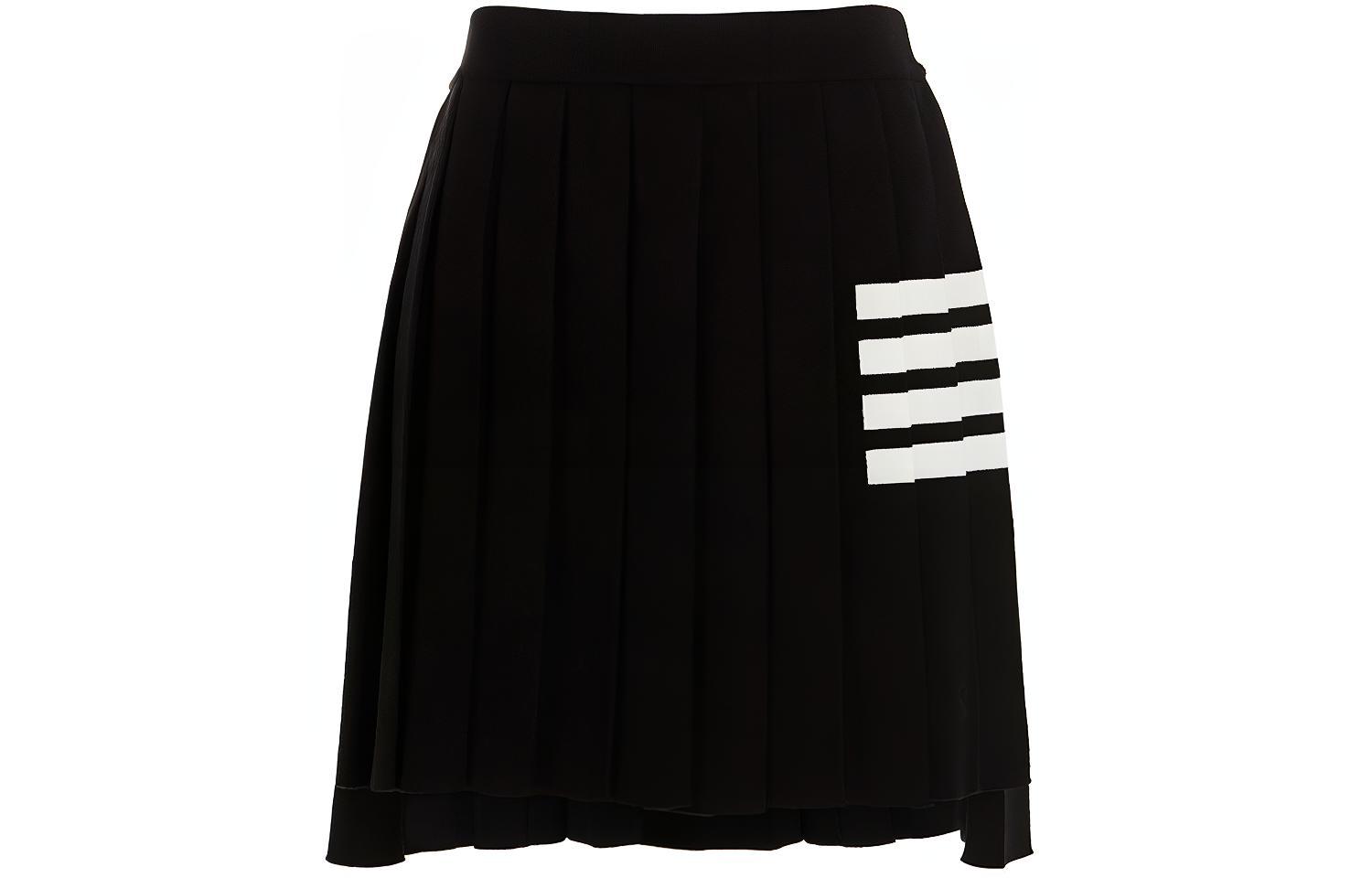 Thom Browne FW21 Black Pleated Skirt with Four Stripes - Preppy Style. FKK090A-Y1002-001