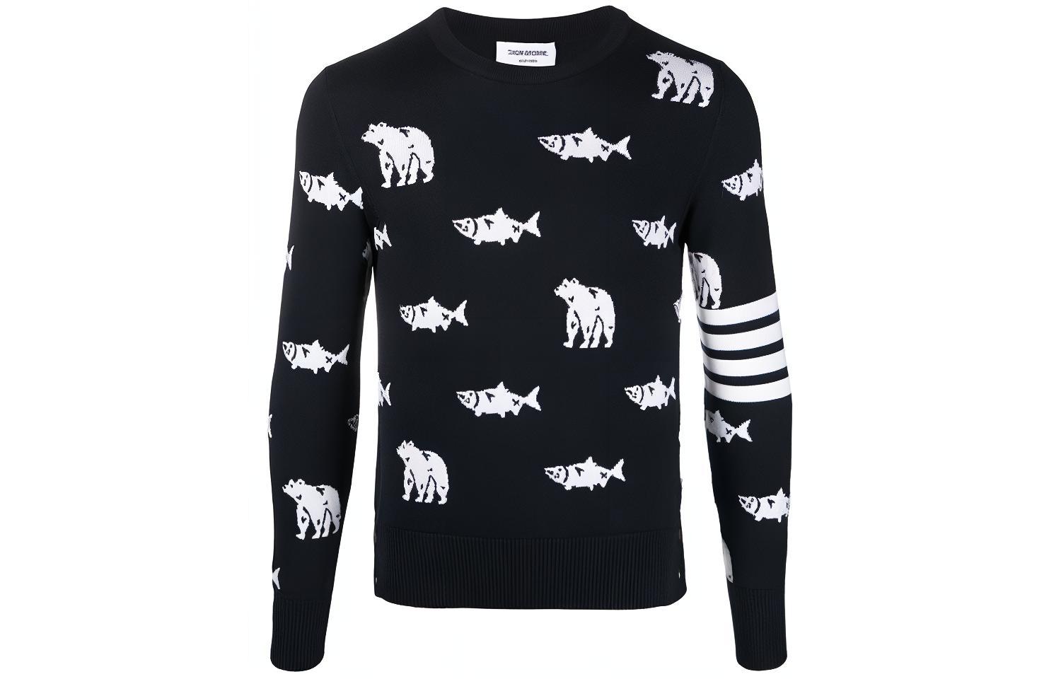 THOM BROWNE FW21 Black Wool Sweater Bear & Salmon Print Long Sleeve MKA365A-Y1002-415