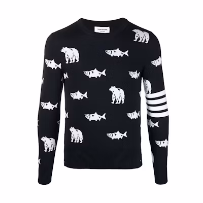 THOM BROWNE FW21 Black Wool Sweater Bear & Salmon Print Long Sleeve MKA365A-Y1002-415