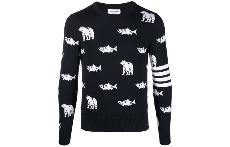 Order THOM BROWNE FW21 Suéter Negro de Lana con Oso y Salmón Estampado Manga Larga MKA365A-Y1002-415