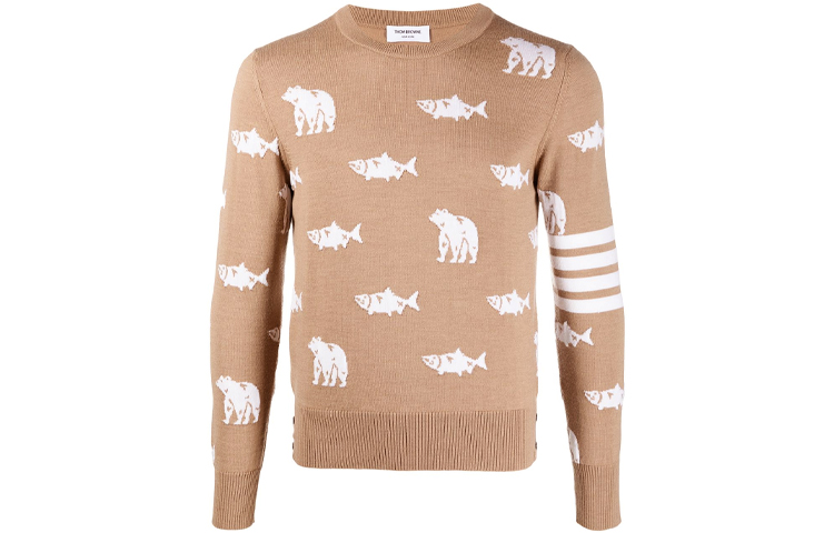 THOM BROWNE FW21 Brown Wool Sweater with Bear & Salmon Pattern. MKA365A-Y1002-275