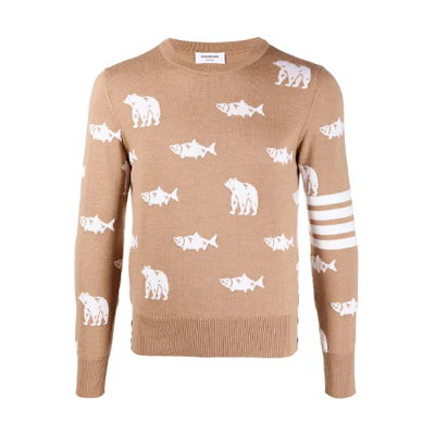 THOM BROWNE FW21 Brown Wool Sweater with Bear & Salmon Pattern. MKA365A-Y1002-275