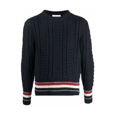 THOM BROWNE FW21 Cable Knit Stripe Wool Pullover Sweater Blue. MKA369A-Y1502-415