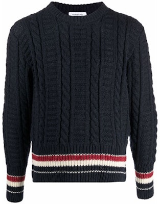 THOM BROWNE FW21 ケーブルニット ストライプ ウール プルオーバー セーター ブルー MKA369A-Y1502-415 Order THOM BROWNE FW21 ケーブルニット ストライプ ウール プルオーバー セーター ブルー MKA369A-Y1502-415