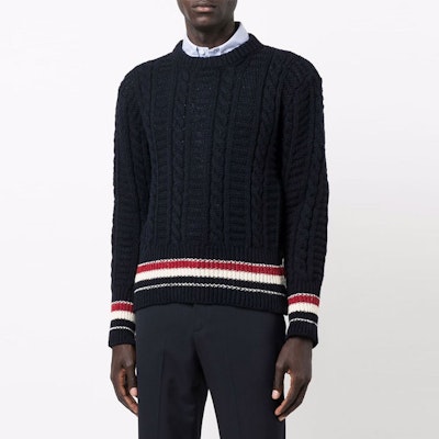 THOM BROWNE FW21 ケーブルニット ストライプ ウール プルオーバー セーター ブルー MKA369A-Y1502-415 Lookbook THOM BROWNE FW21 ケーブルニット ストライプ ウール プルオーバー セーター ブルー MKA369A-Y1502-415