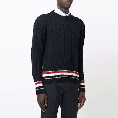 THOM BROWNE FW21 ケーブルニット ストライプ ウール プルオーバー セーター ブルー MKA369A-Y1502-415 Purchase THOM BROWNE FW21 ケーブルニット ストライプ ウール プルオーバー セーター ブルー MKA369A-Y1502-415