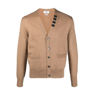 Thom Browne FW21 Camel Wool V-Neck Sweater with Four-Bar Stripes. MKC352A-Y1002-275