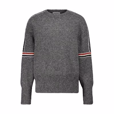 Thom Browne FW21 Charcoal Gray Wool Sweater with Tricolor Stripe Detail. MKA177A-00278-035
