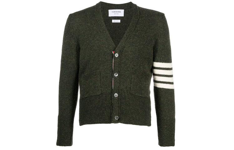 THOM BROWNE FW21 Classic Four-Bar Wool V-Neck Cardigan Sweater Men Dark Green MKC353A-01085-320