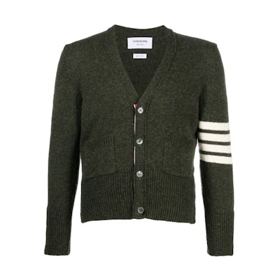 THOM BROWNE FW21 Classic Four-Bar Wool V-Neck Cardigan Sweater Men Dark Green MKC353A-01085-320