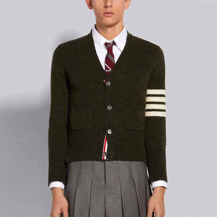 THOM BROWNE FW21 Classic Four-Bar Wool V-Neck Cardigan Sweater Men Dark Green MKC353A-01085-320 圖 4