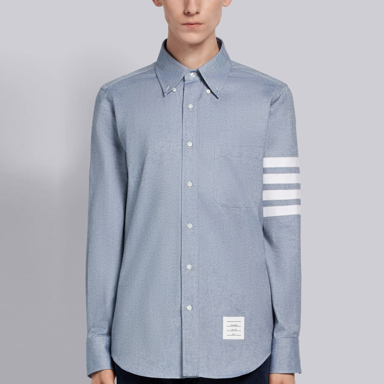 Shop THOM BROWNE FW21 Camisa Clásica de Manga Larga Cuatro Rayas Azul Claro MWL272A-05245-480