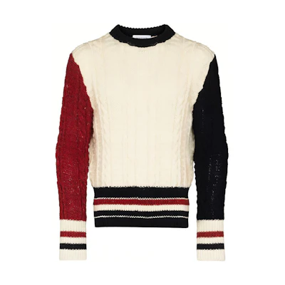 THOM BROWNE FW21 Colorblock Cable Knit Wool Sweater Men’s Crewneck White MKA369F-Y1502-960