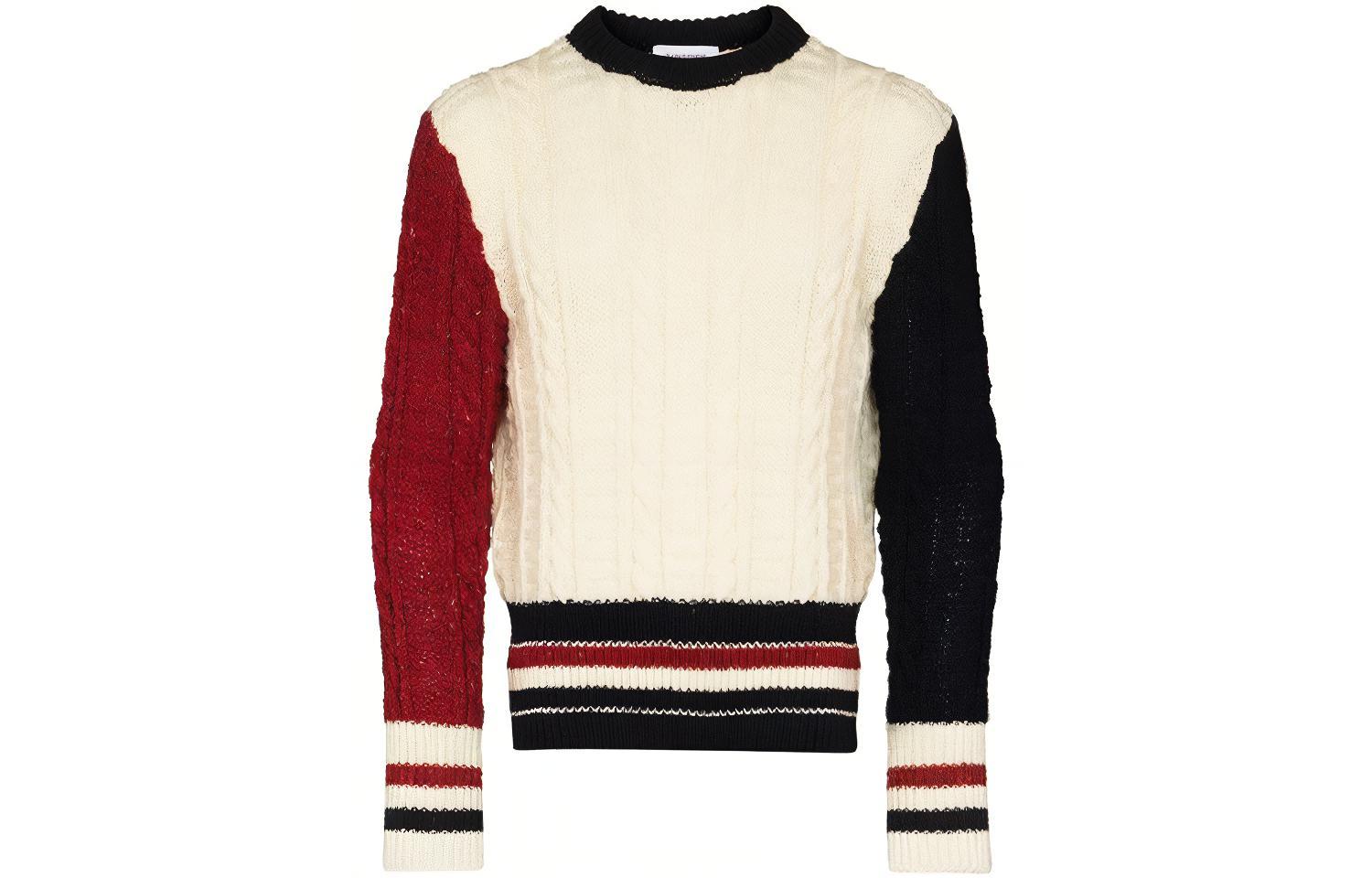 Order 톰 브라운 FW21 컬러블록 케이블 니트 울 스웨터 남성 크루넥 화이트 MKA369F-Y1502-960